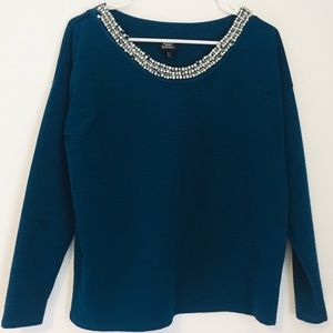BOBEAU Teal Embellished Pullover Long Sleeve Top Size Small